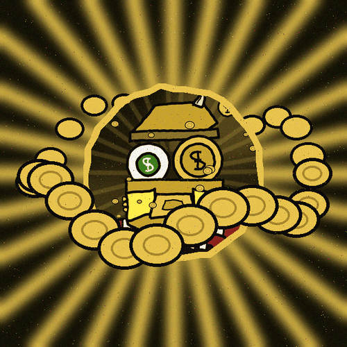 Cashy artwork with orbiting coins
